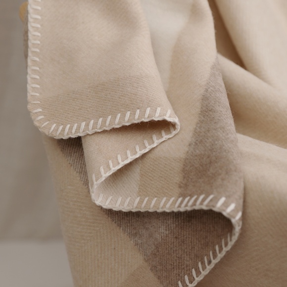 Cream Tan Plaid Wool Throw Blanket - Ultra Soft Wool - Picture 5 of 6